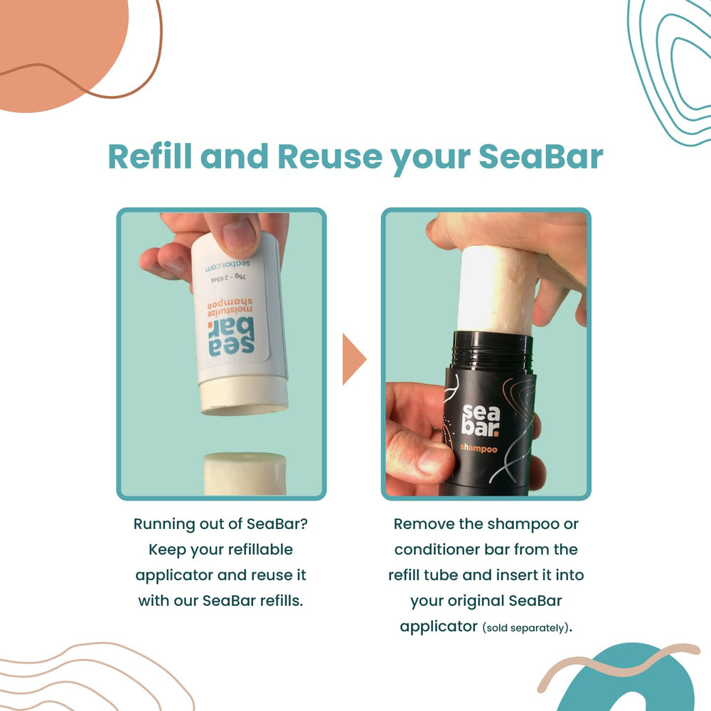 SeaBar shampoo bar in shower emphasizes clean, convenient hair care.