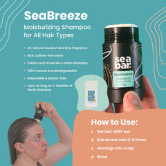 SeaBar Shampoo Bar Refill hair care visual shows anti-frizz and moisture benefits.