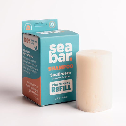 SeaBar Shampoo Bar Refill packaging shows zero-waste design for eco-friendly care.