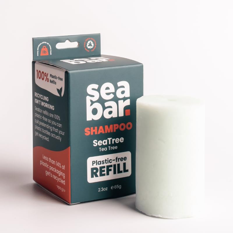 SeaBar shampoo bar refill packaging shows eco-friendly zero-waste design.