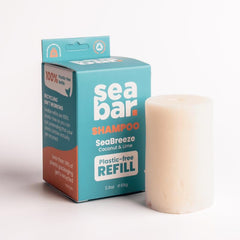 SeaBar Shampoo Bar Refill packaging shows zero-waste design for eco-friendly care.