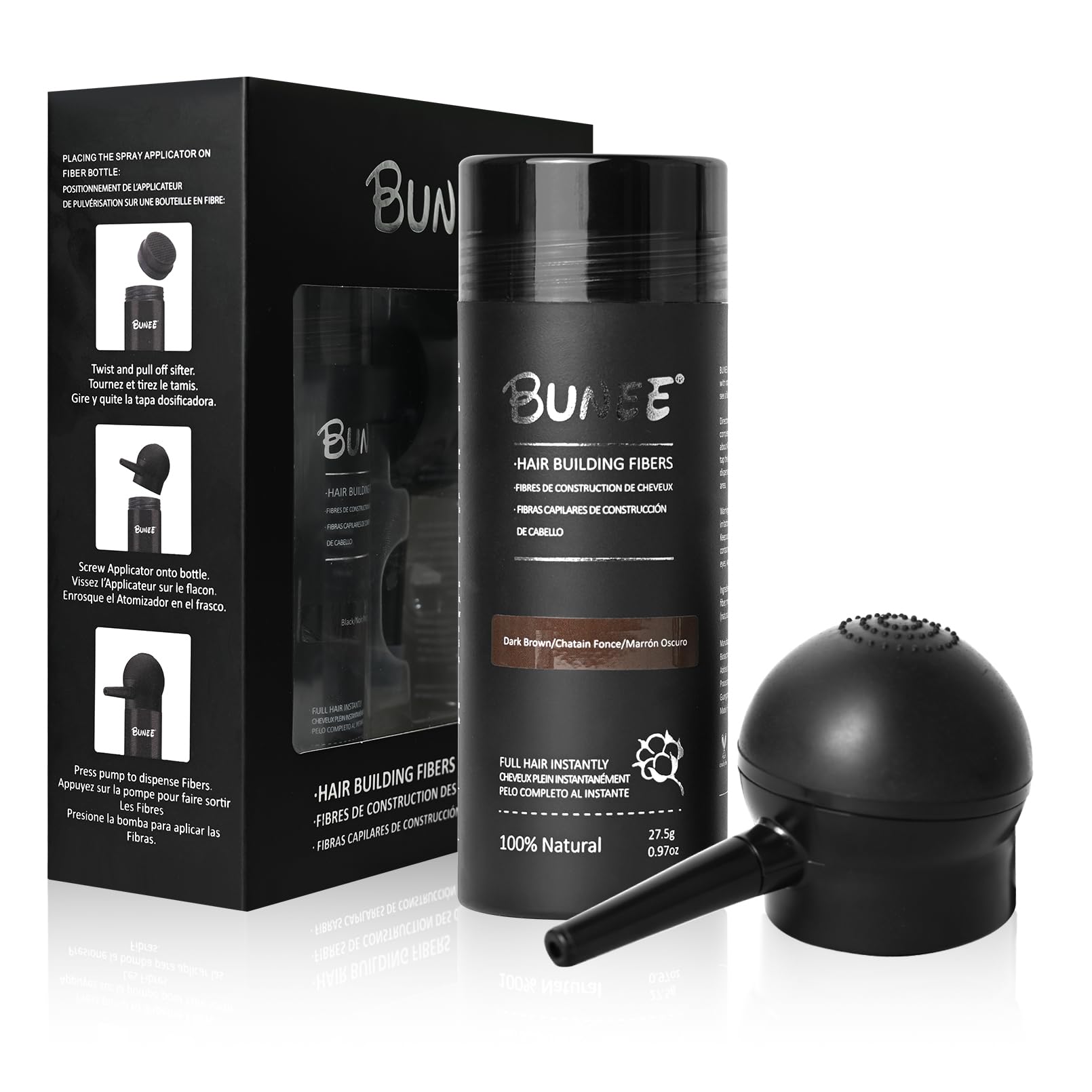 Seaboll hair-building fibers in dark brown kit for natural, seamless coverage.