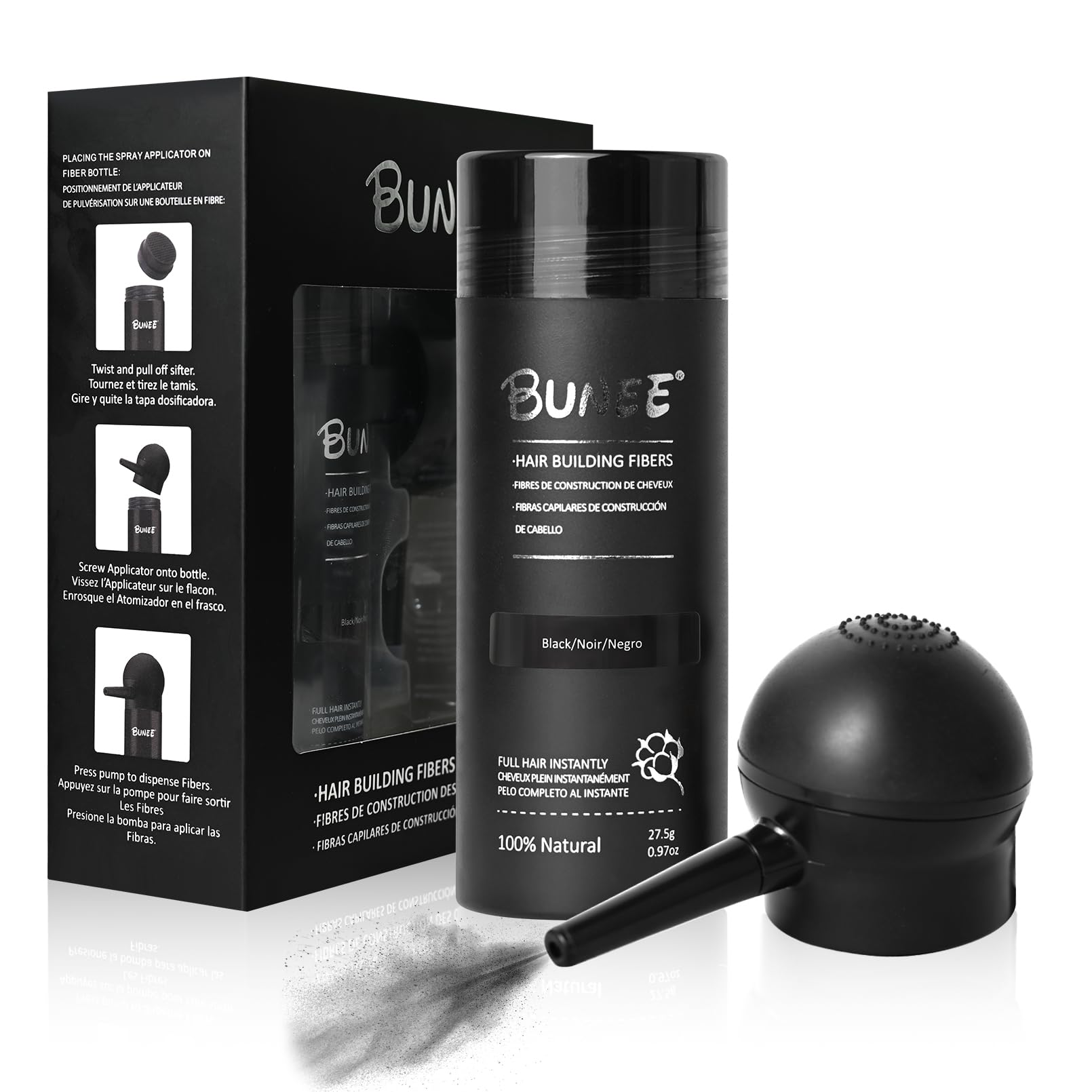 Seaboll hair fibers application mist demonstrates precise mist for natural coverage.