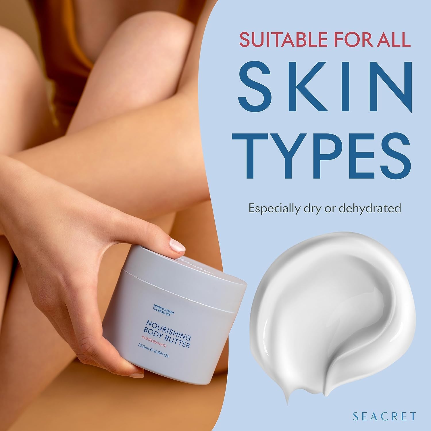 SEACRET body butter with shea and cocoa butters softens dry patches