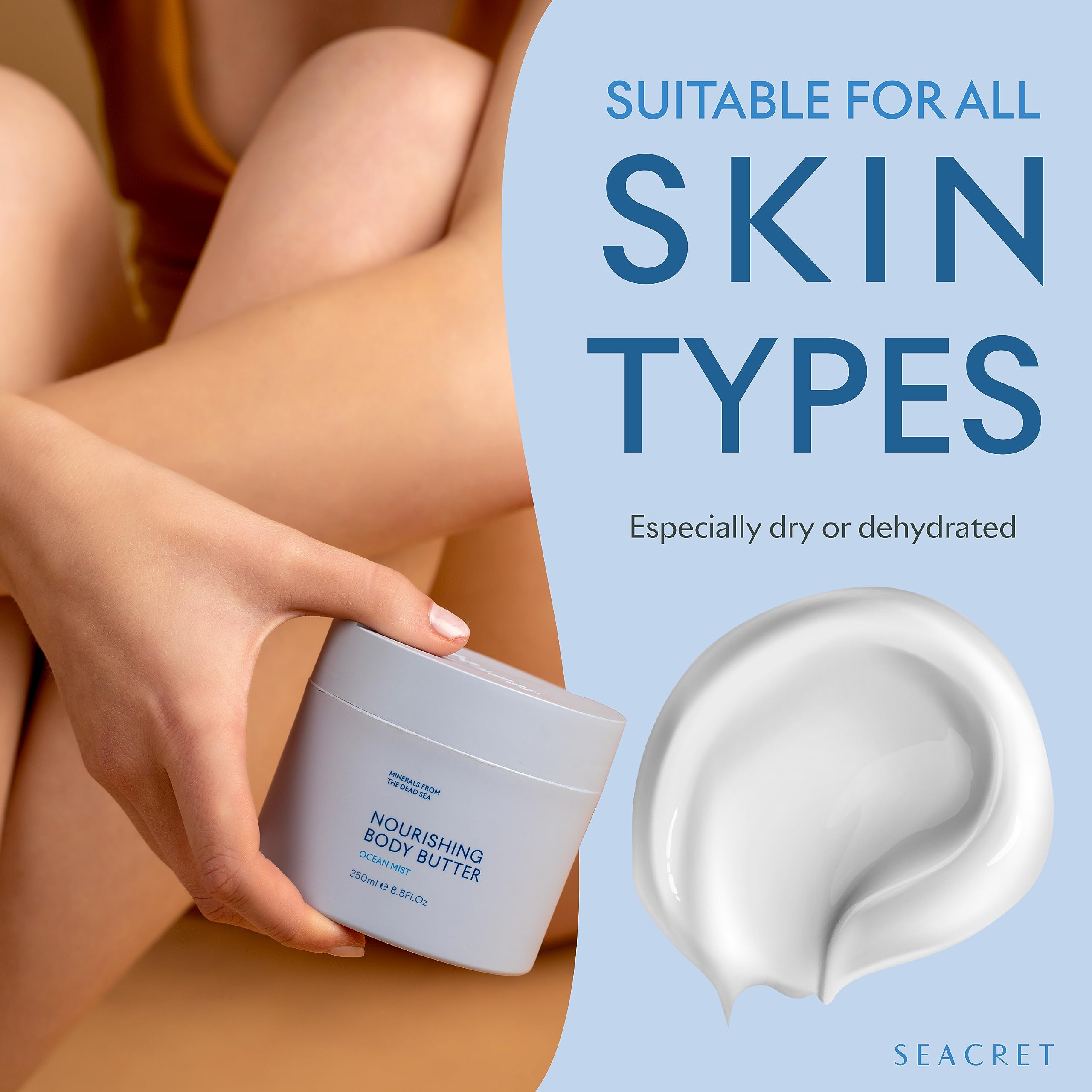 Applying SEACRET Ocean Mist body butter after shower on damp skin
