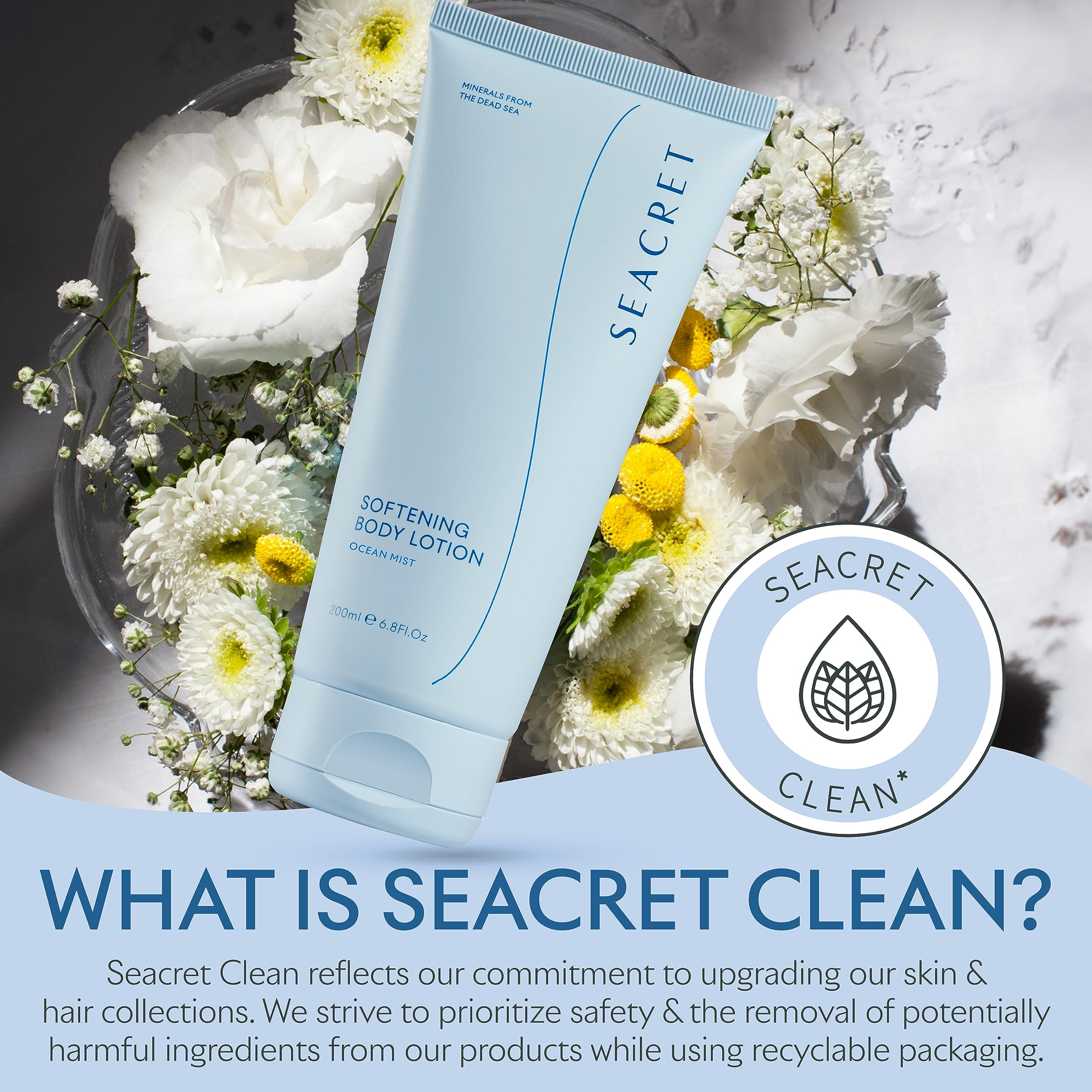 Spa-like shower scene suggesting at-home pampering with SEACRET lotion
