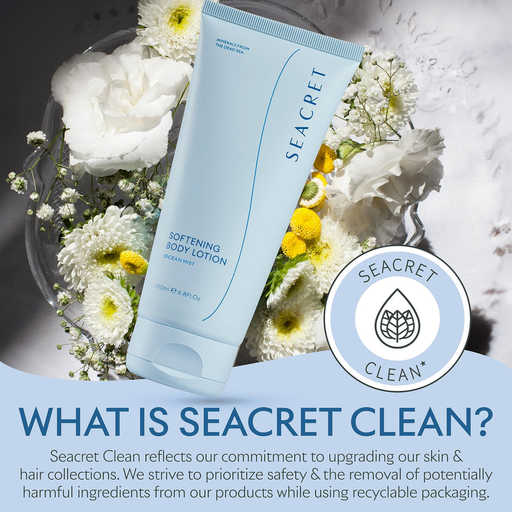 Spa-like shower scene suggesting at-home pampering with SEACRET lotion