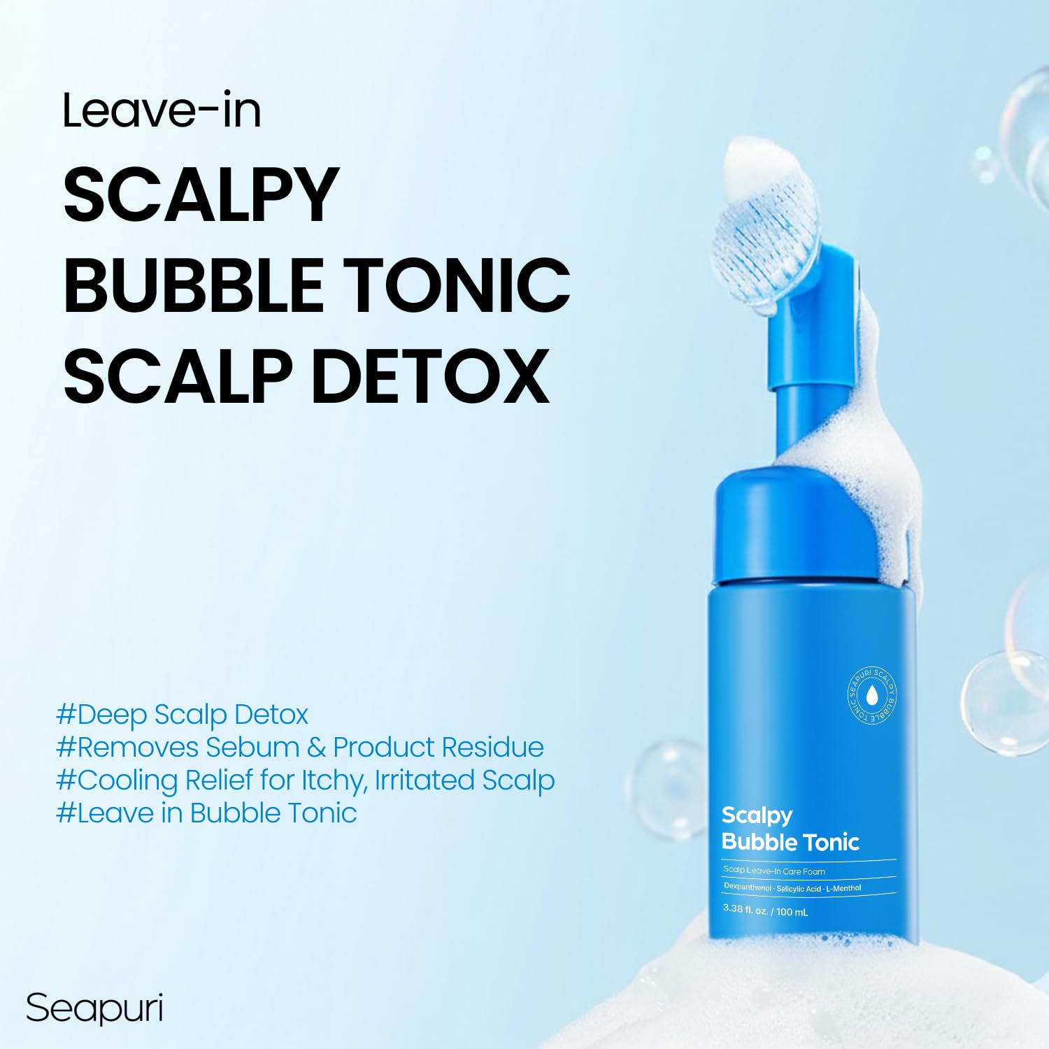 Seapuri Bubble Tonic foam close-up highlighting micro-bubbles exfoliating oil and flakes.
