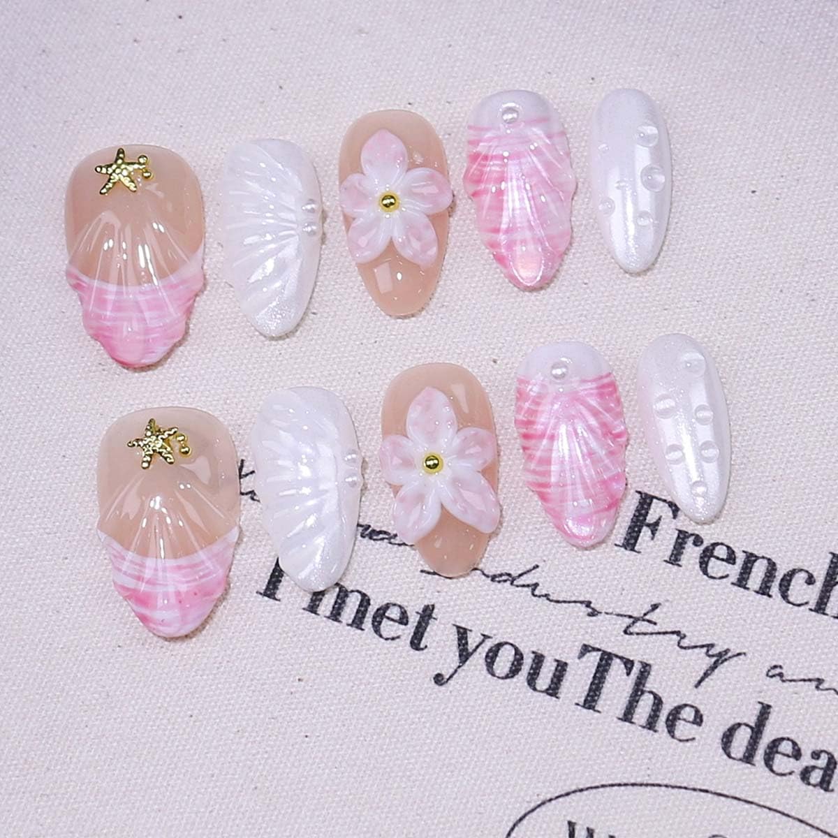 Seashell almond press-on nails with easy at‑home application and 10-piece set