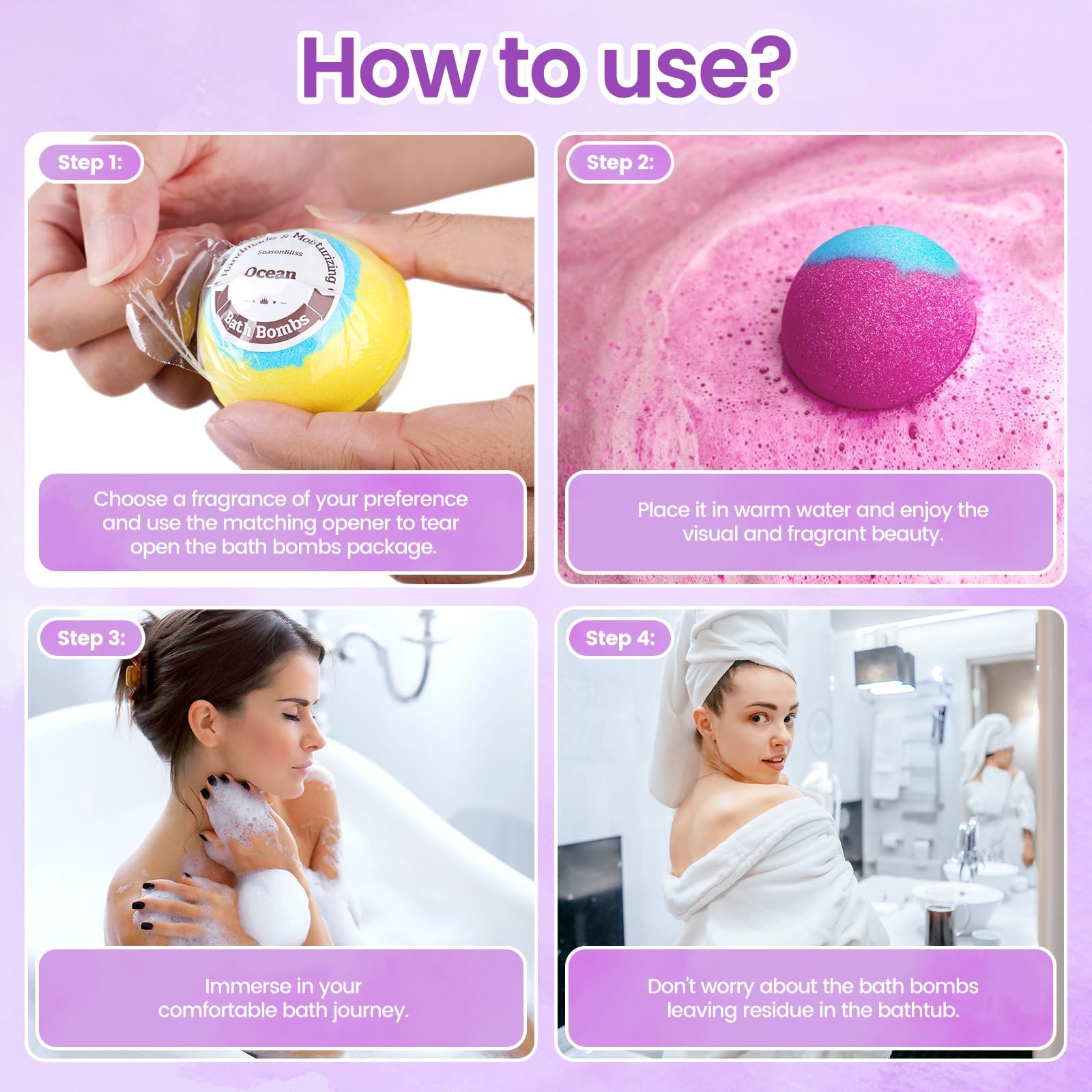 SeasonBliss bath bombs dissolving in tub, quick fizz and luxurious bubbles.
