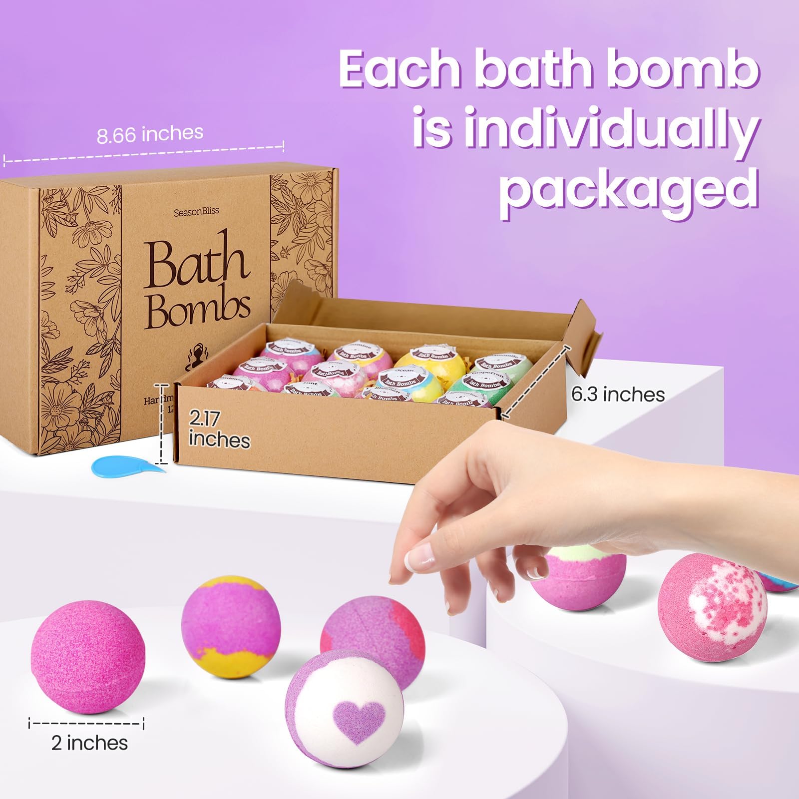 SeasonBliss individually wrapped bath bombs, preserving fragrance for fresh unwrapping.