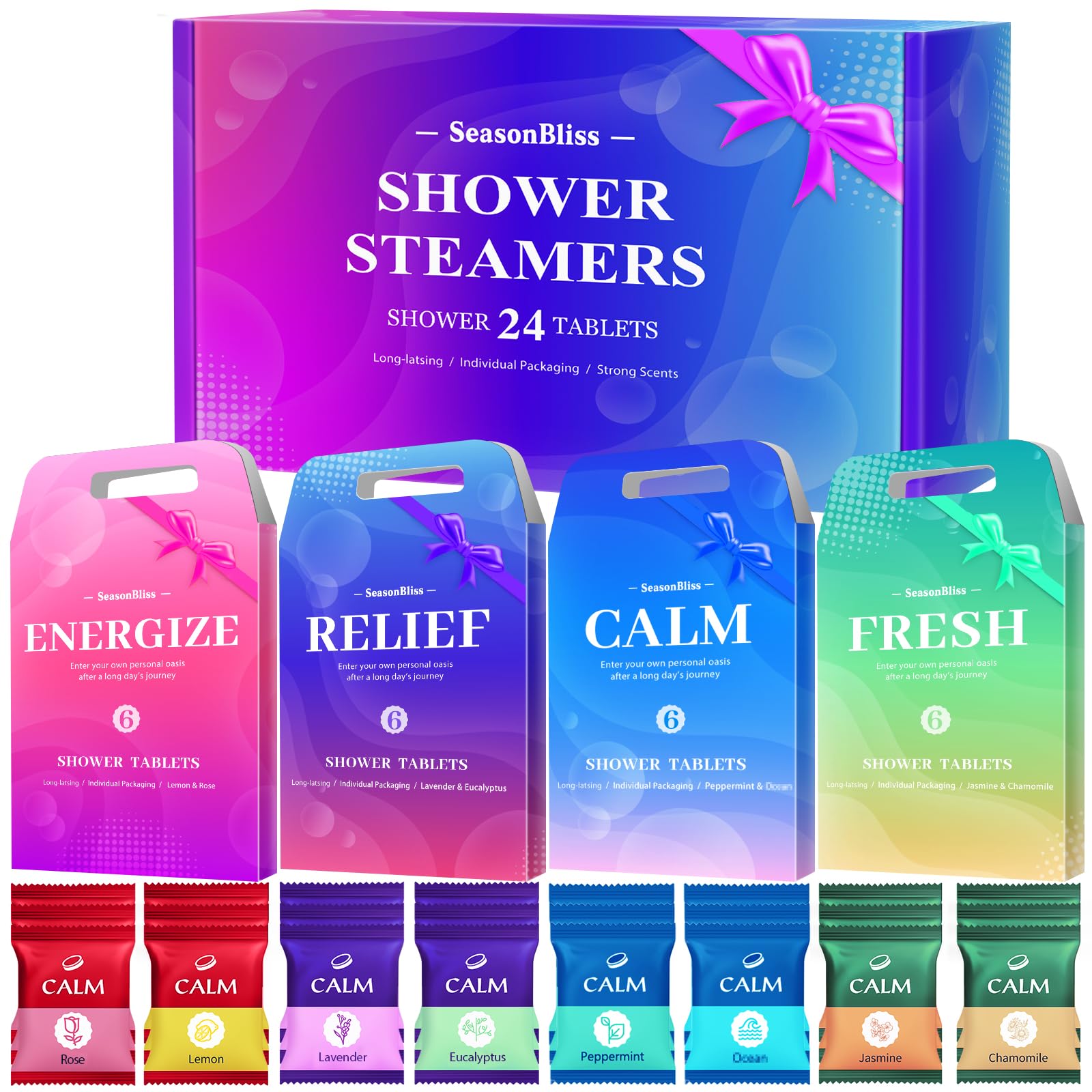 SeasonBliss 24-pack box of shower steamers, ideal for gifting or travel