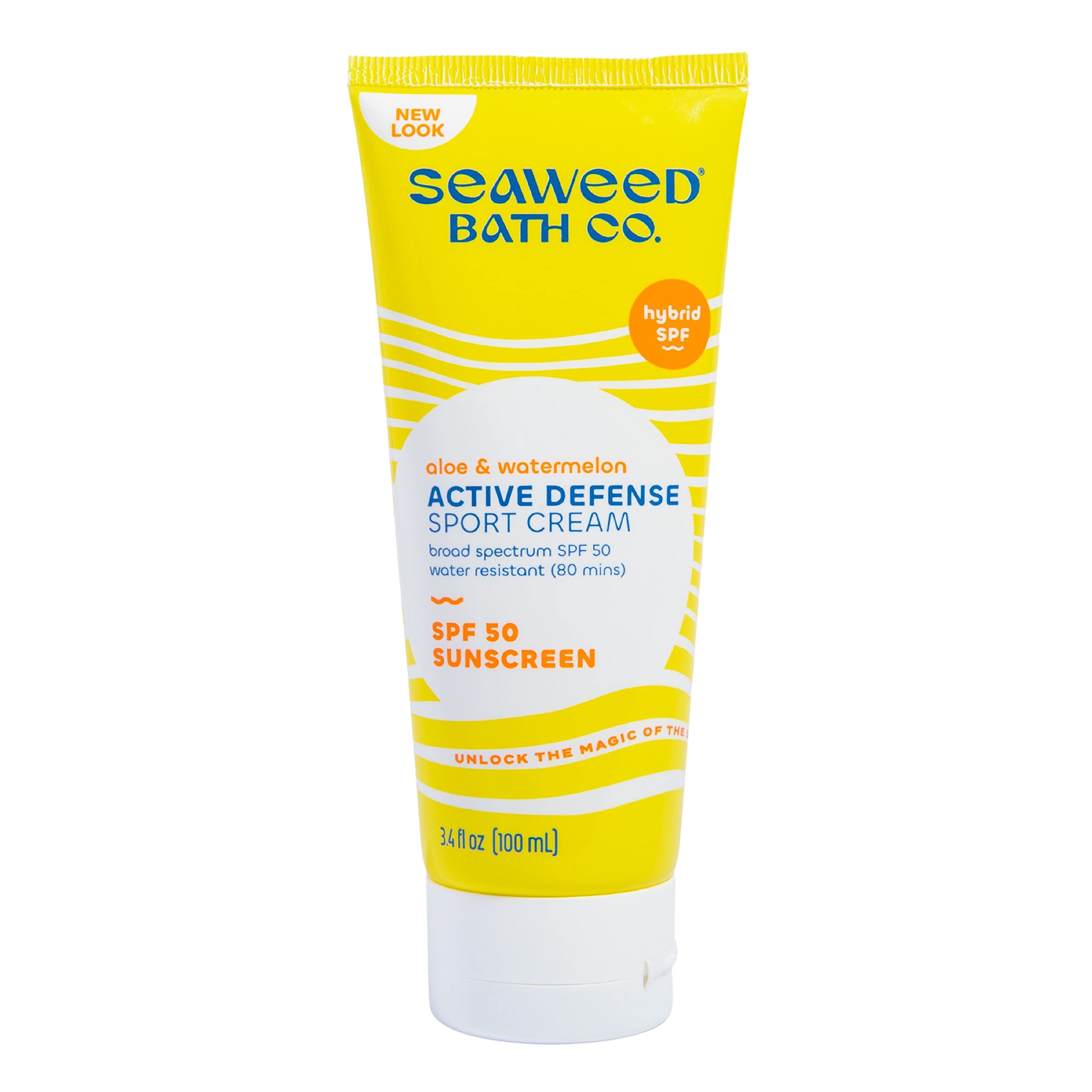Seaweed Bath Co. Active Defense SPF50 Sport Cream bottle offers non-greasy sun protection for outdoor activities.