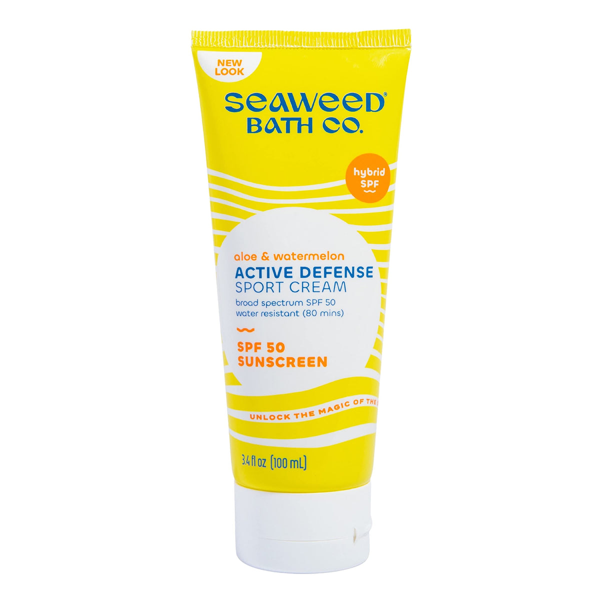 Seaweed Bath Co. Active Defense SPF50 Sport Cream bottle offers non-greasy sun protection for outdoor activities.