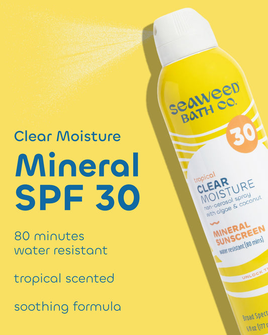 Seaweed Bath Co. SPF30 spray in use, showing quick, even coverage.