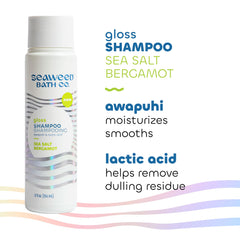 Packaging of Gloss Shampoo emphasizes color-safe cleansing formula
