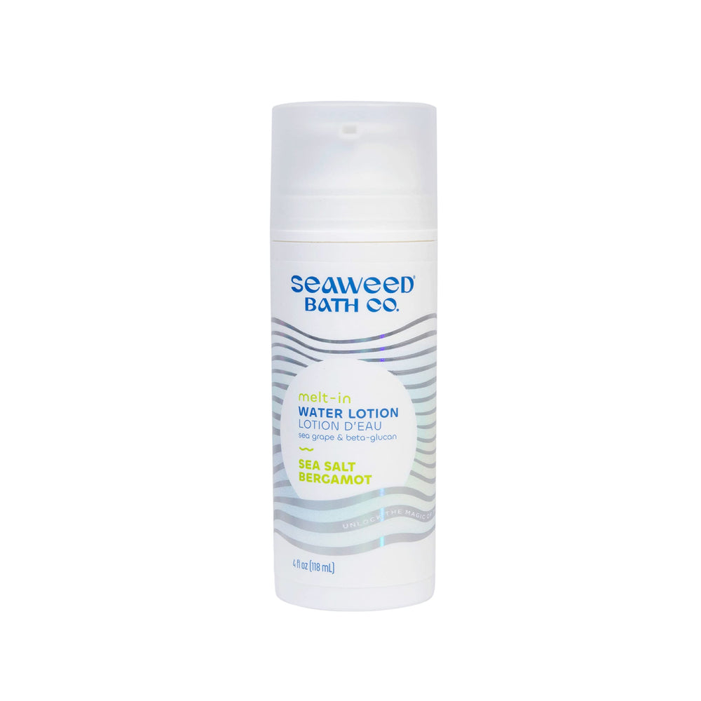 The Seaweed Bath Co. Melt-In Water Lotion bottle shows sea-salt bergamot hydration.