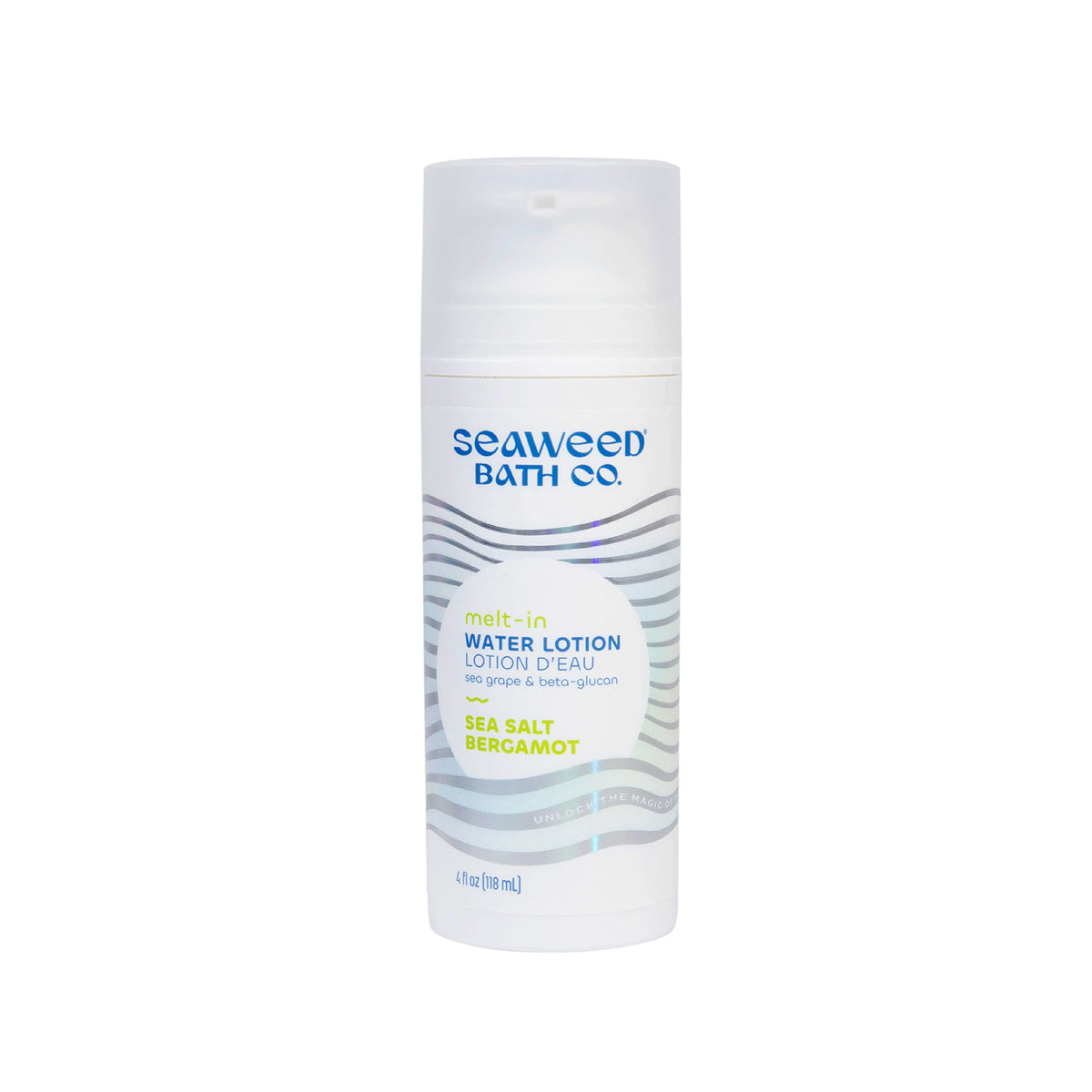 The Seaweed Bath Co. Melt-In Water Lotion bottle shows sea-salt bergamot hydration.