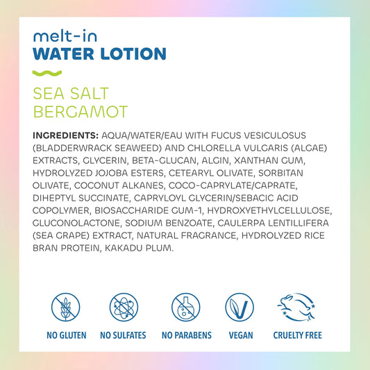 Close-up of Melt-In Water Lotion texture highlighting fast absorption and softness.