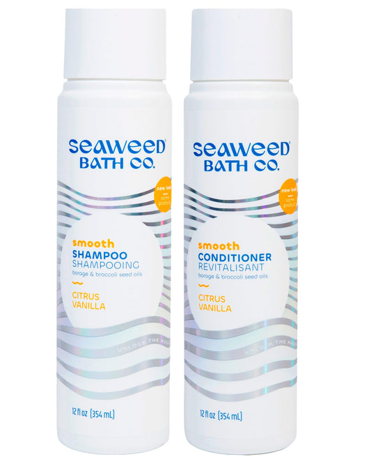 Seaweed Bath Co. Smooth shampoo bottle promotes sleek, shiny hair with hydration.