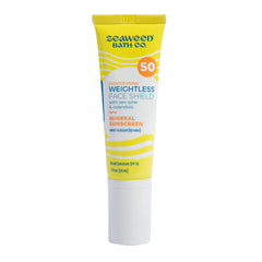The Seaweed Bath Co. Weightless Face Shield SPF 50 bottle with a light mineral texture for daily protection