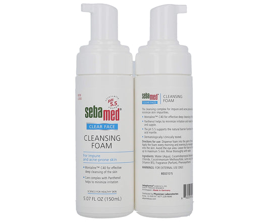 Sebamed Clear Face Cleansing Foam pack shown for acne-prone skin care.