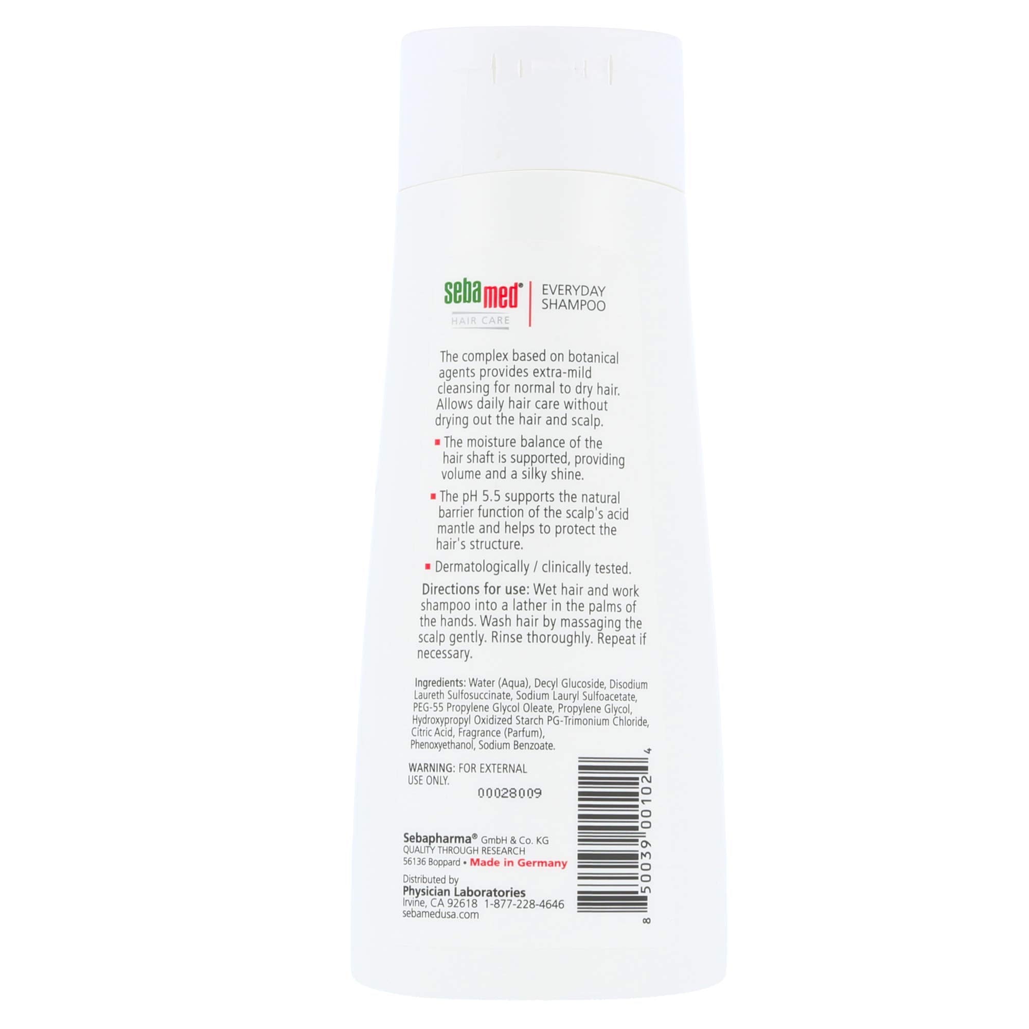 Sebamed Every-Day Shampoo pour shows mild lather suitable for sensitive scalps.