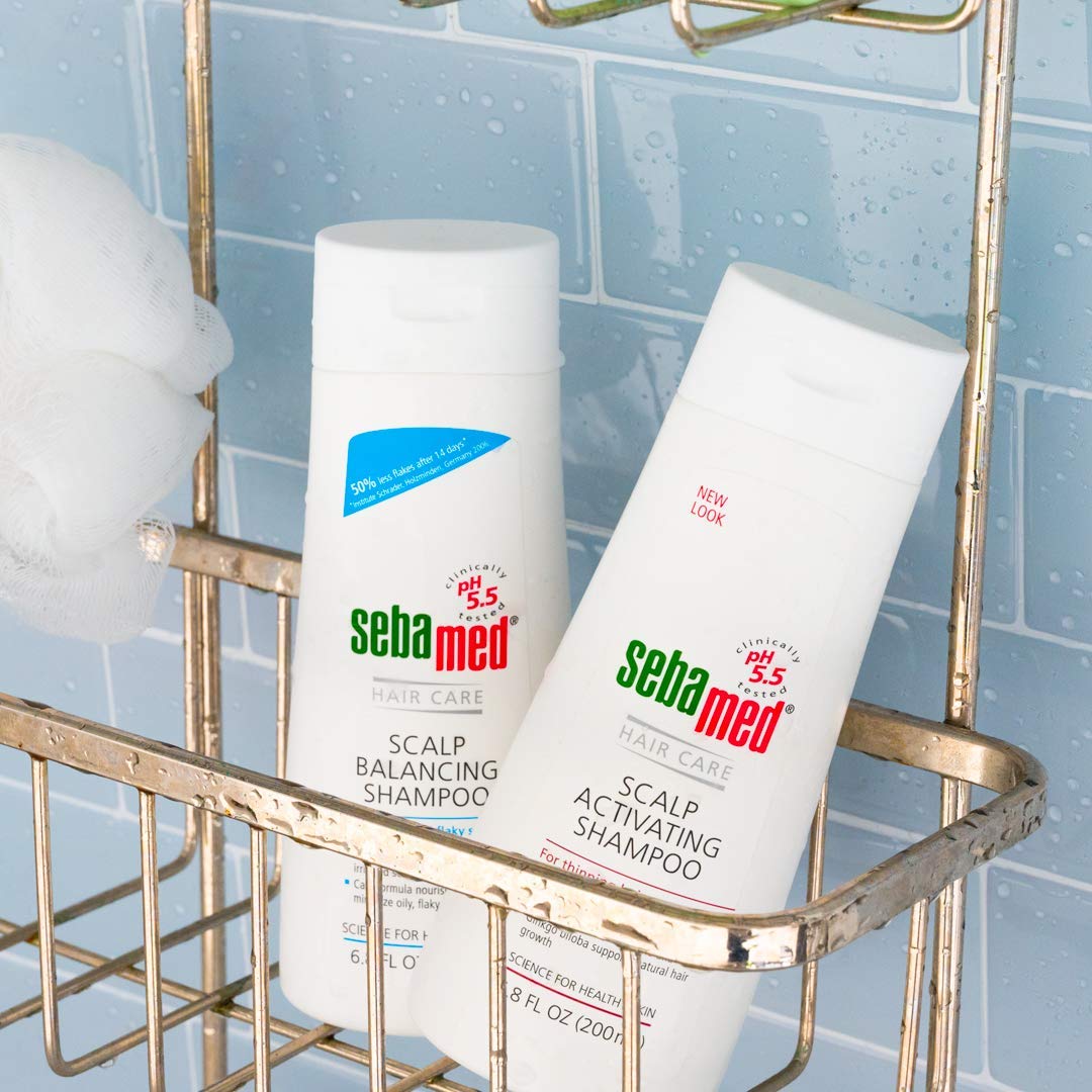 Sebamed Every-Day Shampoo label close-up highlighting pH 5.5 and botanically-based care.