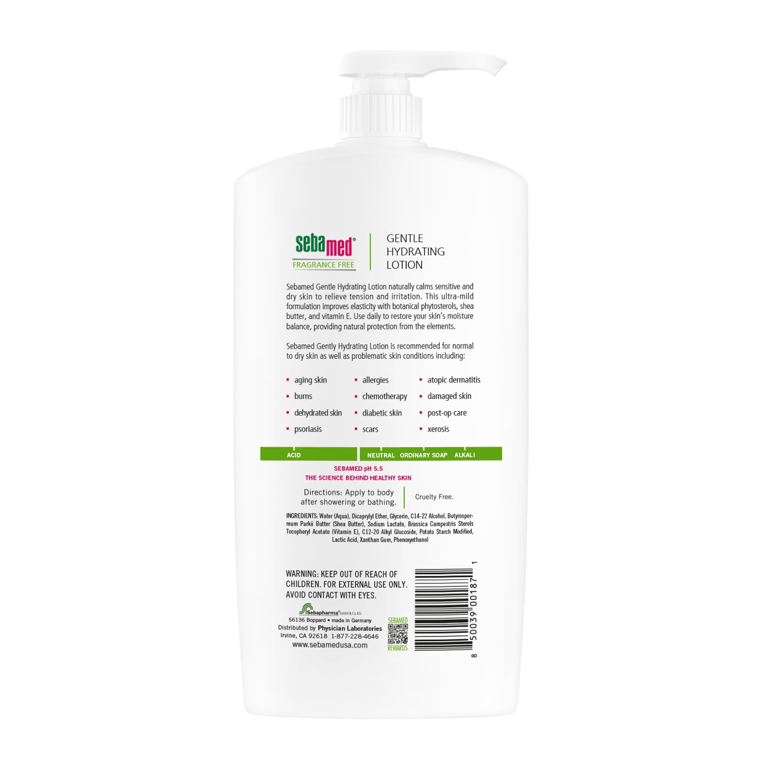 SEBAMED fragrance-free lotion label close-up highlights vitamin E and shea butter