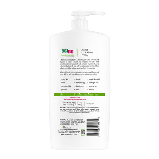 SEBAMED fragrance-free lotion label close-up highlights vitamin E and shea butter