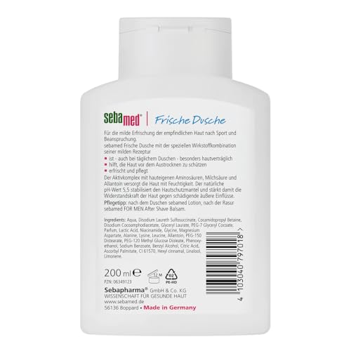 Close-up of SEBAMED bottle being poured for gentle cleansing.