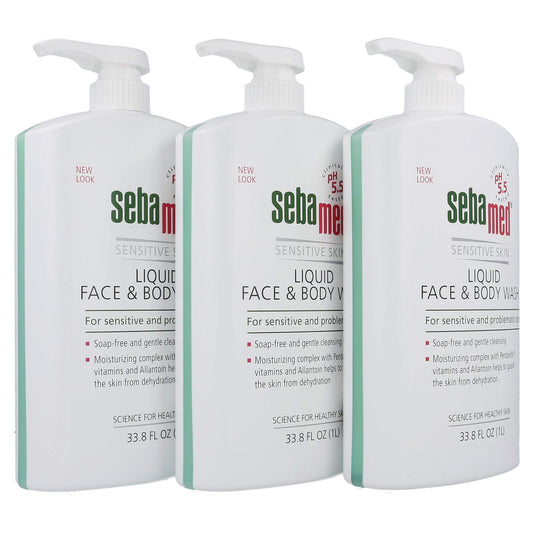 SEBAMED liquid face and body wash pack of 3 on display for bulk value