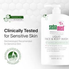 SEBAMED Liquid Face and Body Wash bathroom scene underscores convenient 2-pack use