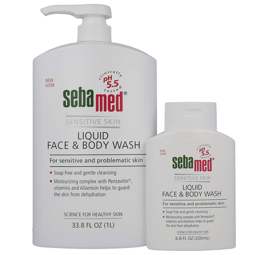 SEBAMED Liquid Face and Body Wash bottle-pour demonstrates gentle cleansing for daily skin care