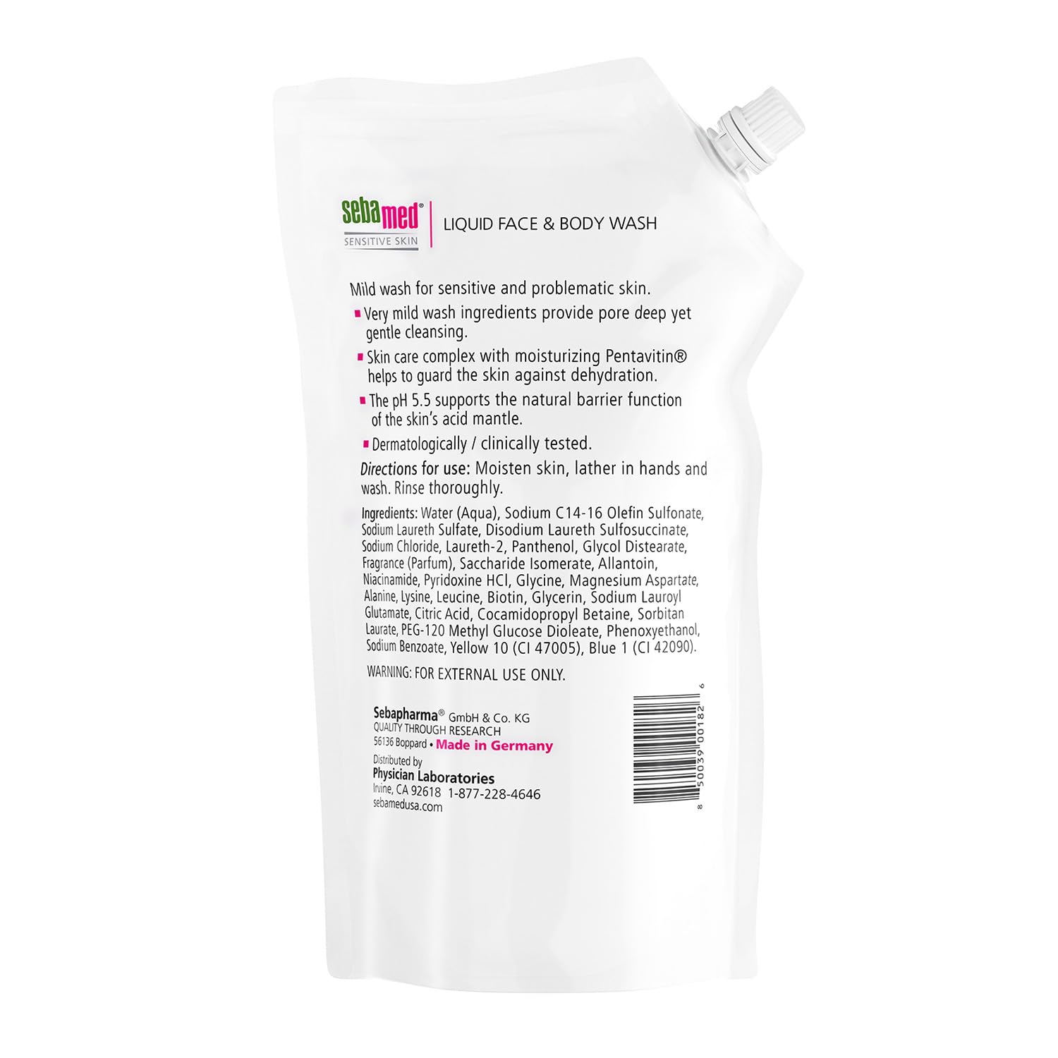 Pouring SEBAMED liquid wash creates a mild, foamy lather for face and body.