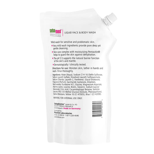 Pouring SEBAMED liquid wash creates a mild, foamy lather for face and body.
