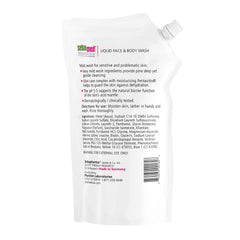 Pouring SEBAMED liquid wash creates a mild, foamy lather for face and body.