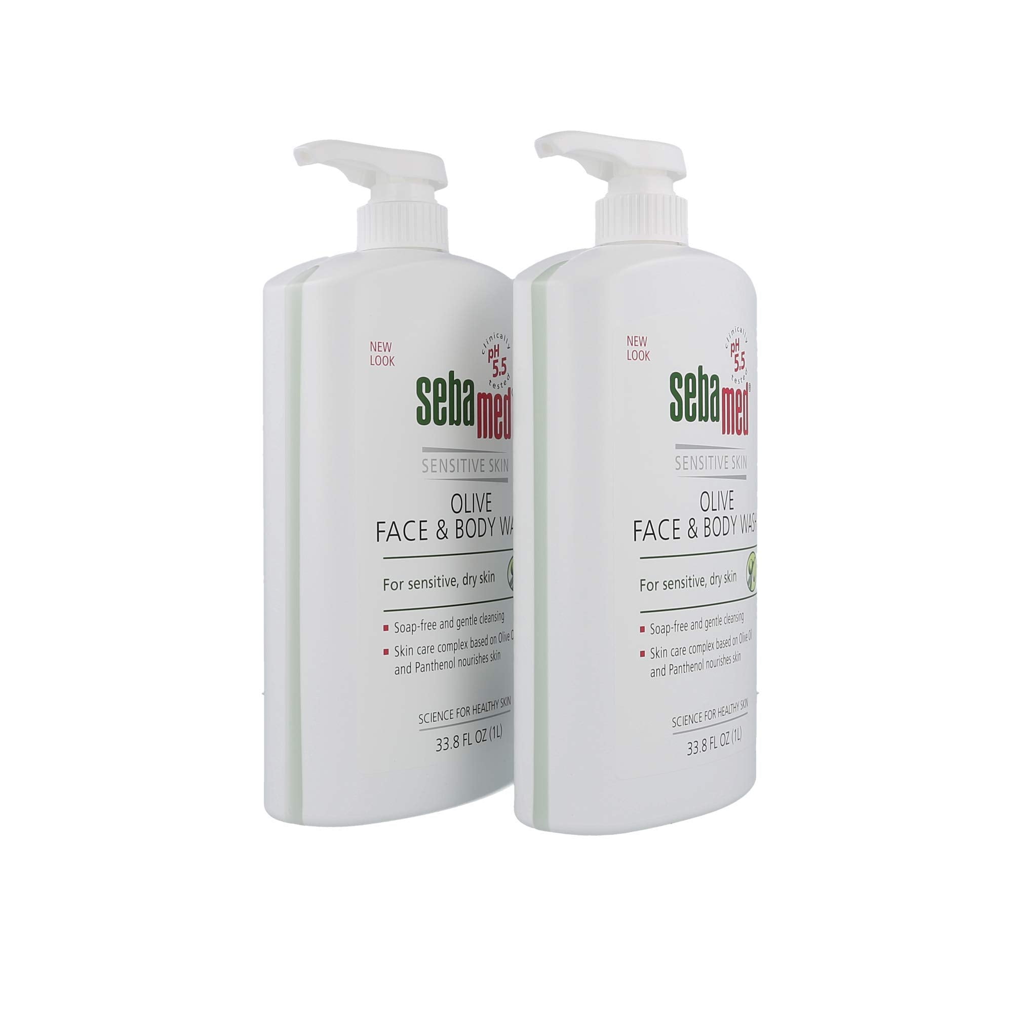 SEBAMED Olive Face and Body Wash bottle pour showing a gentle soap-free cleanse