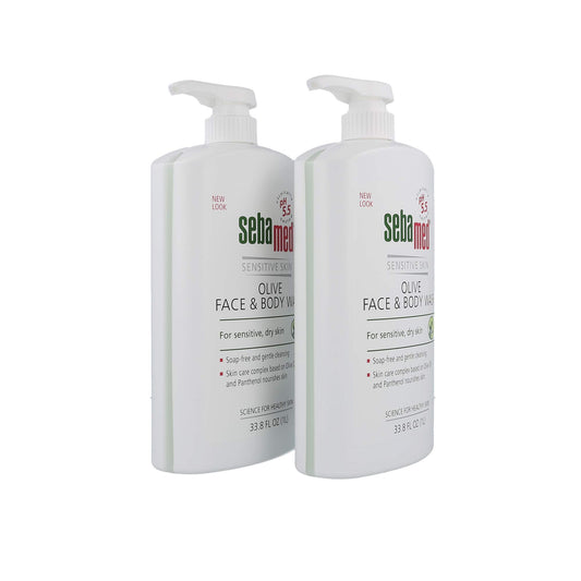 SEBAMED Olive Face and Body Wash bottle pour showing a gentle soap-free cleanse