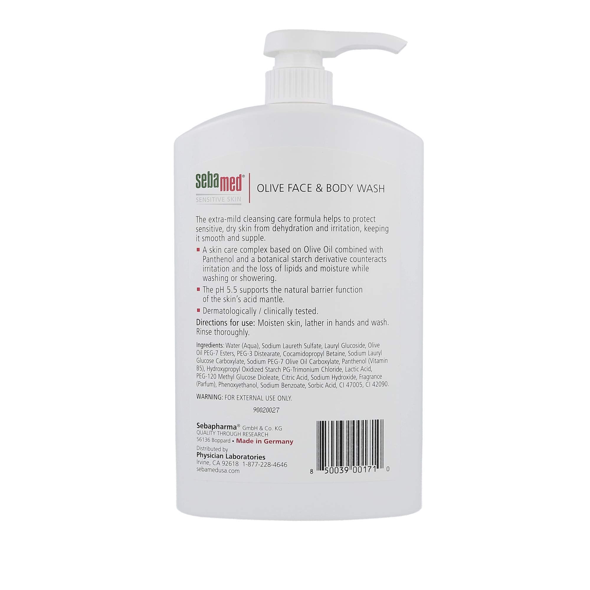 SEBAMED Olive Wash label closeup highlighting dermatologist-tested ultra mild formula