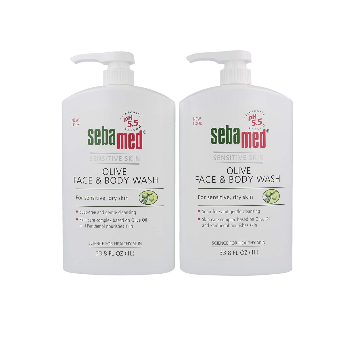 SEBAMED Olive Face and Body Wash two-pack bottles designed for sensitive skin cleansing