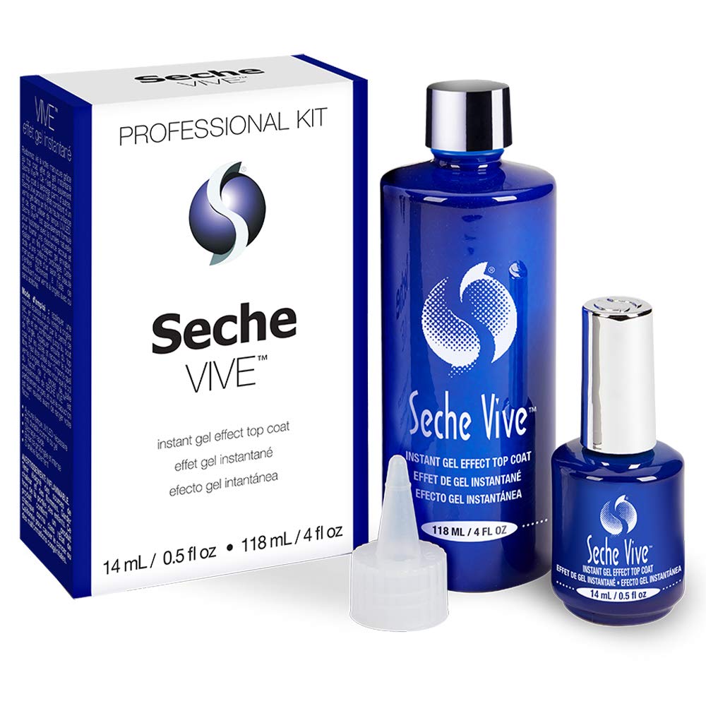Seche Vive kit top coat bottle shows instant gel-like finish and long-lasting protection.