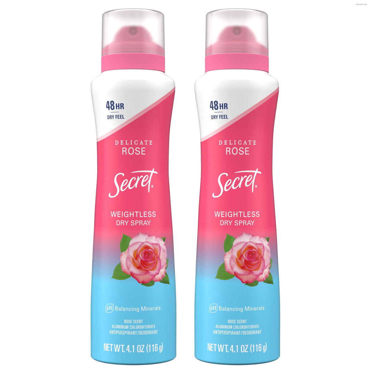 Secret Dry Spray bottle on vanity showing weightless protection and fresh scent.