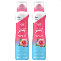 Secret Dry Spray bottle on vanity showing weightless protection and fresh scent.