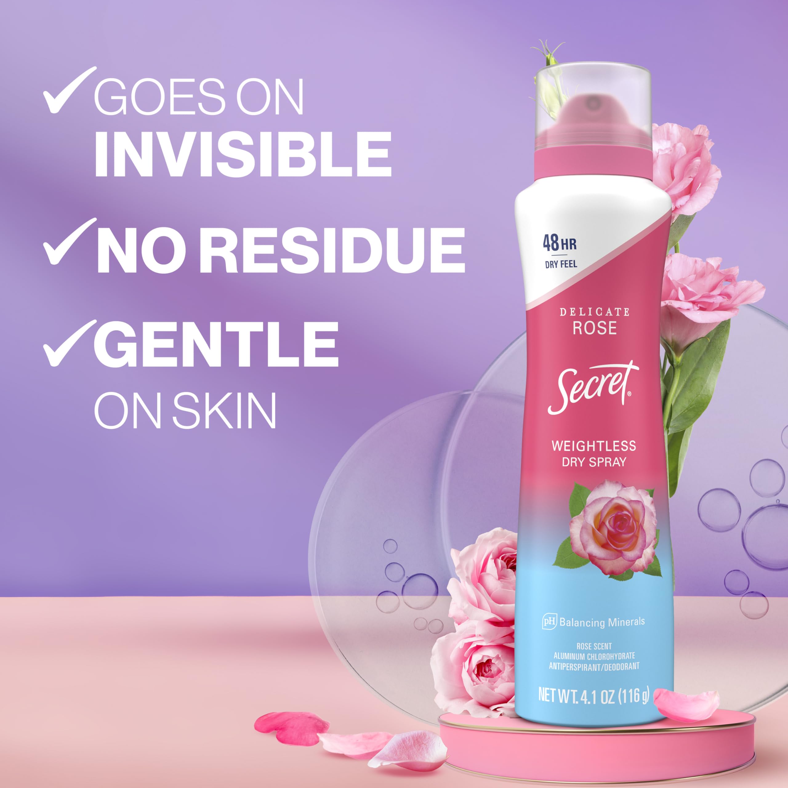 Secret Dry Spray mist dispense shows even application and fast absorption.