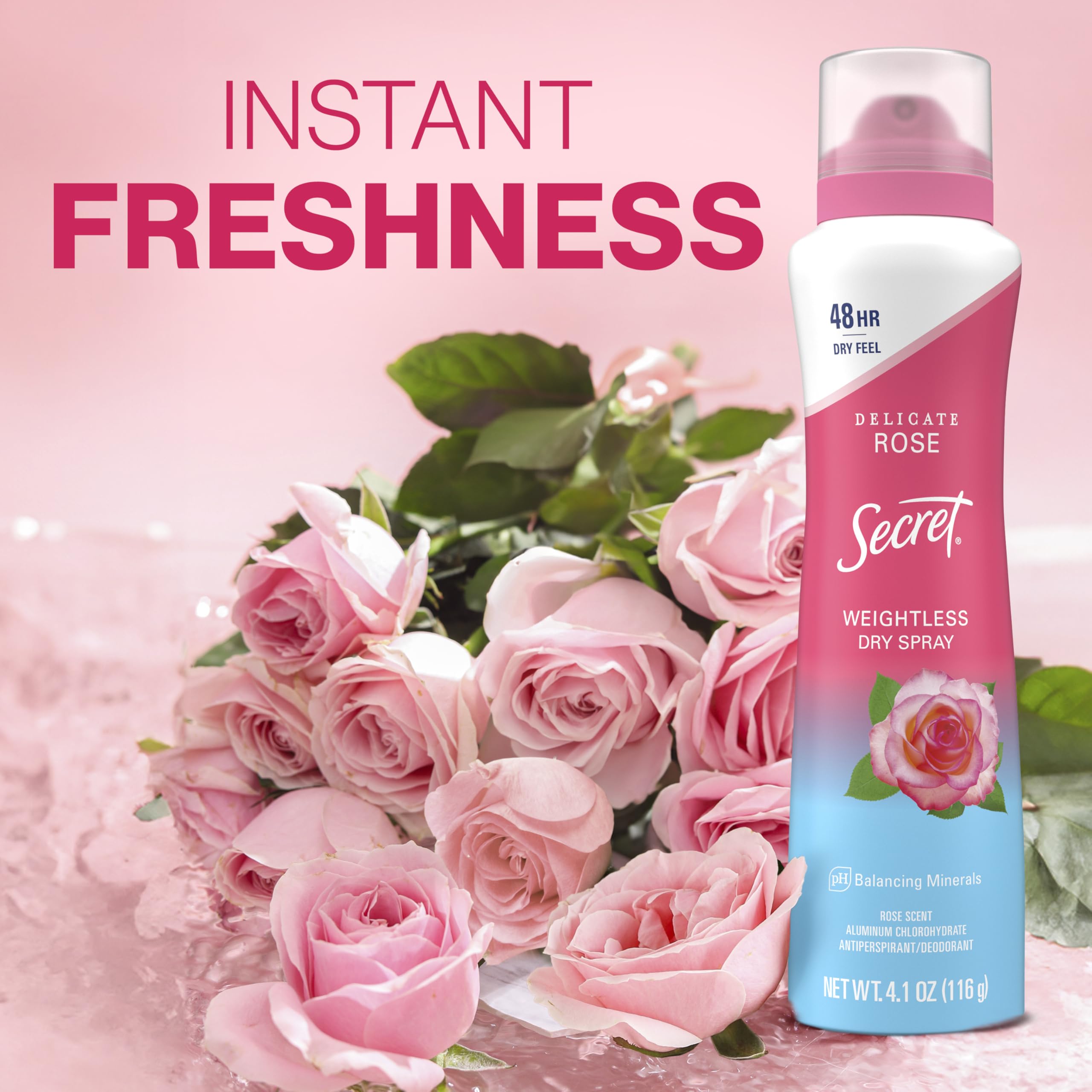 Secret Dry Spray uses pH-balancing minerals for gentle skin support.