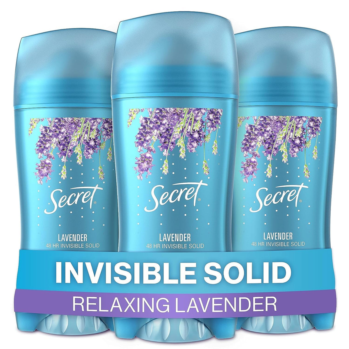 Secret Lavender invisible solid application close-up, smooth glide for all-day freshness.
