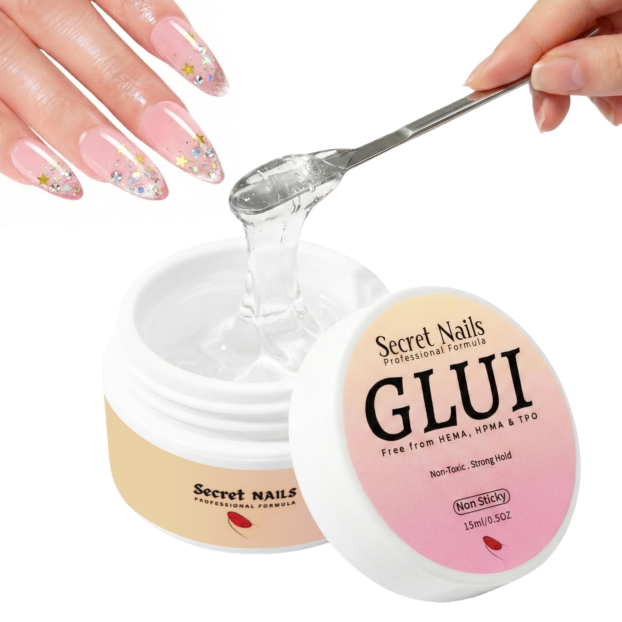 Secret Nails GLUI bottle closeup highlights premium bond formula for reliable press-on nails.