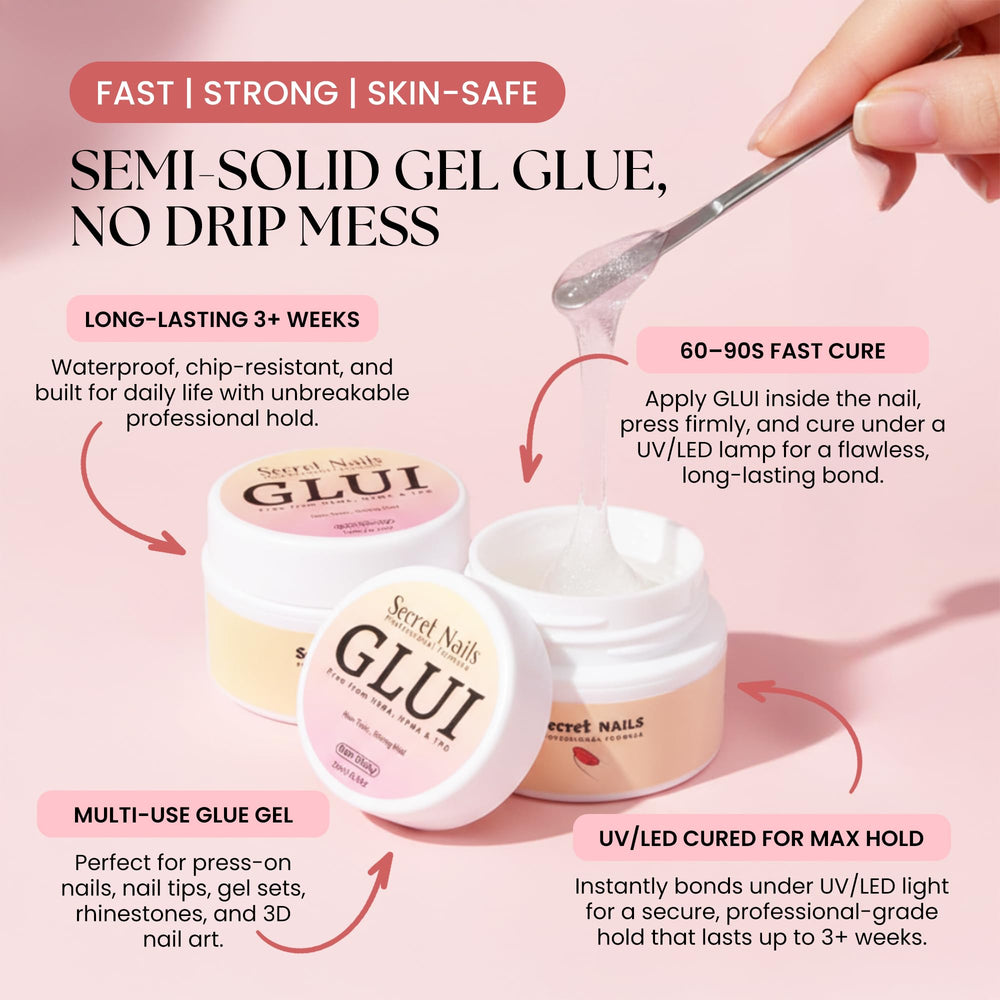Secret Nails GLUI long-lasting hold illustrates durable adhesion for everyday wear.