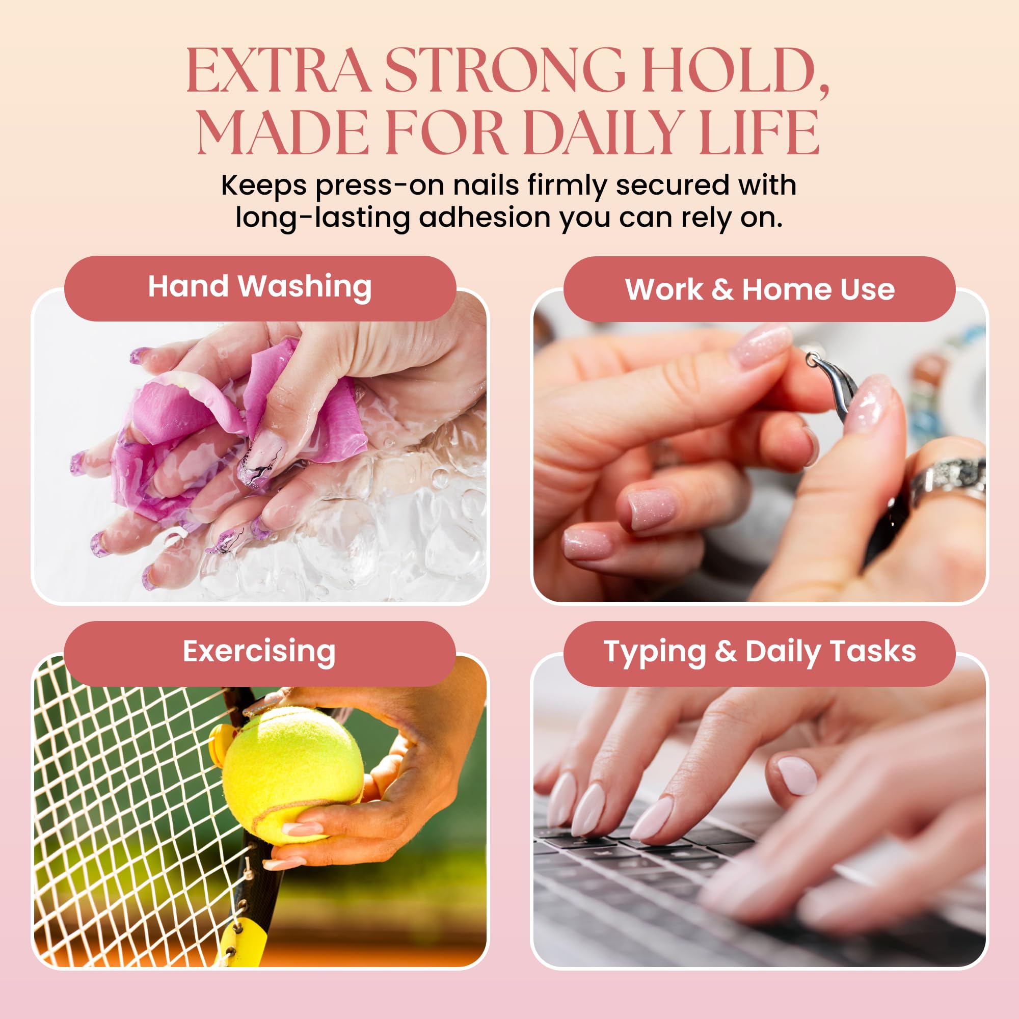 Secret Nails GLUI press-on nails application demonstrates easy, secure fit for flexible designs.